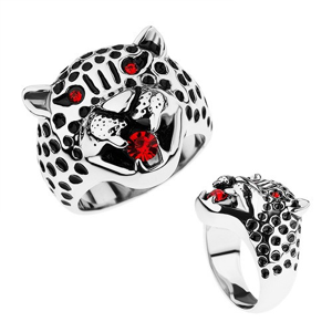 Masivní prsten, ocel 316L, hlava leoparda, červené zirkony - Velikost: 59