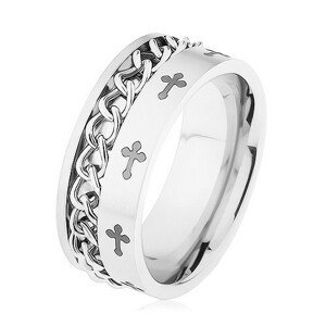 Prsten z oceli 316L stříbrné barvy, řetízek, liliové kříže - Velikost: 59