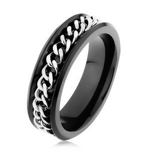 Lesklý černý prsten z oceli 316L, řetízek ve stříbrném odstínu - Velikost: 52