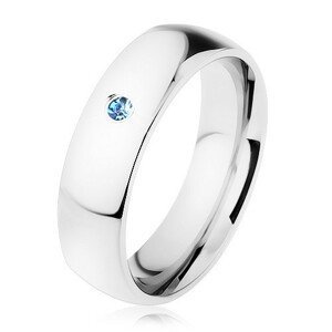 Prsten z oceli, stříbrný odstín, zrcadlově lesklý povrch, světle modrý zirkon - Velikost: 49