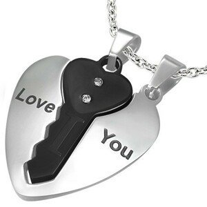 Ocelové přívěsky pro pár, srdce stříbrné barvy a černý klíček