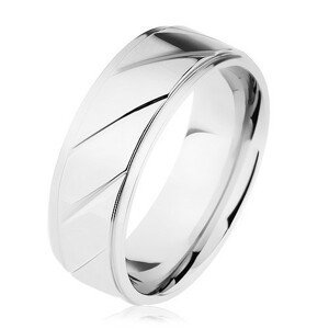 Prsten z oceli 316L, vyvýšený pás zdobený šikmými zářezy, stříbrná barva - Velikost: 64