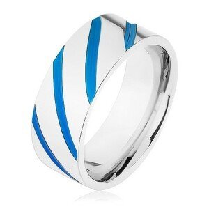 Ocelový prsten stříbrné barvy, diagonální pásy, modrá glazura - Velikost: 57