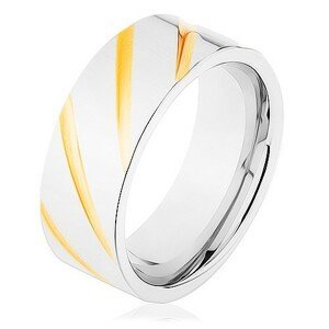 Prsten z oceli 316L, povrch stříbrné barvy, šikmé rýhy ve zlatém odstínu - Velikost: 68