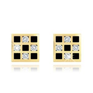 Náušnice ze zlata 585 - čtvereček se šachovnicovým vzorem, zirkony, glazura