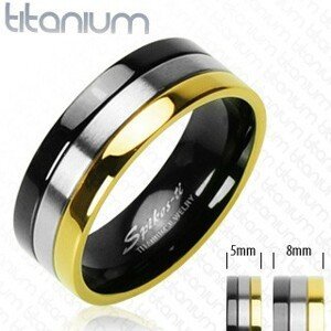 Titanové snubní prstýnky s onyxovým, stříbrným a zlatým pruhem - Velikost: 57