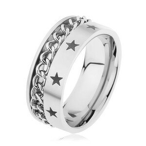 Ocelový prsten stříbrné barvy zdobený řetízkem a hvězdičkami - Velikost: 67
