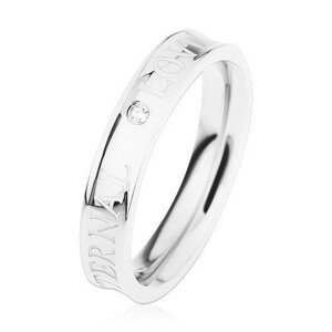 Ocelový prsten stříbrné barvy, vyhloubený střed, čirý zirkonek, ETERNAL LOVE - Velikost: 52