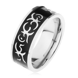 Ocelový prsten stříbrné barvy, lesklý černý pás zdobený motivem tribal - Velikost: 59