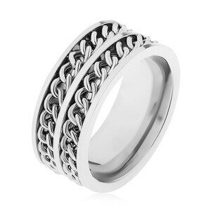 Prsten z oceli 316L stříbrné barvy, dva dekorativní řetízky, vysoký lesk - Velikost: 59
