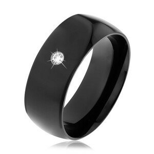 Černý ocelový prsten, lesklý vypouklý povrch, kulatý čirý zirkon - Velikost: 68