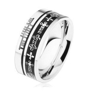 Ocelový prsten stříbrné barvy, černé proužky, keltské symboly - Velikost: 64