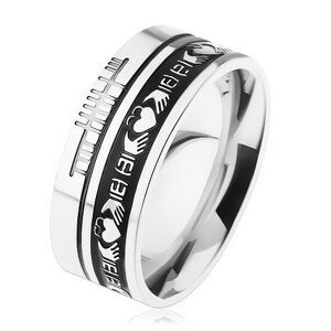 Prsten z oceli 316L, stříbrná barva, černý pruh, ornamenty, 8 mm - Velikost: 59