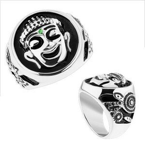 Masivní prsten, ocel 316L, stříbrná barva, černá glazura, usmívající se Budha - Velikost: 62