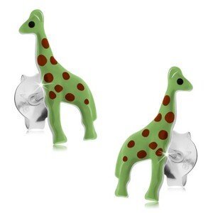 Puzetové náušnice, stříbro 925, neonově zelená žirafka s červenými tečkami