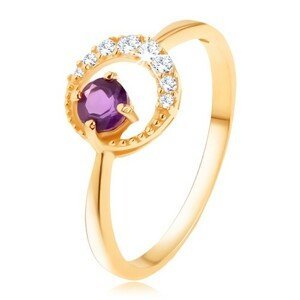Zlatý prsten 375 - tenký zirkonový půlměsíc, ametyst ve fialovém odstínu - Velikost: 60