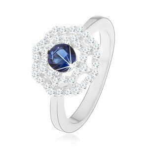 Rhodiovaný stříbrný prsten 925, slunce - modrý kulatý zirkon, dvojitý čirý lem - Velikost: 50