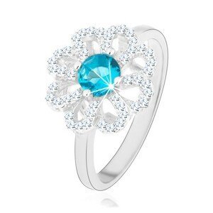 Třpytivý prsten, stříbro 925, zirkonový květ - čiré lupínky, světle modrý střed - Velikost: 49
