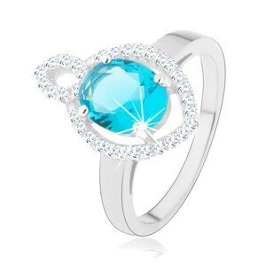Prsten, stříbro 925, oválný světle modrý zirkon s čirým lemem, obrys zrnka - Velikost: 50