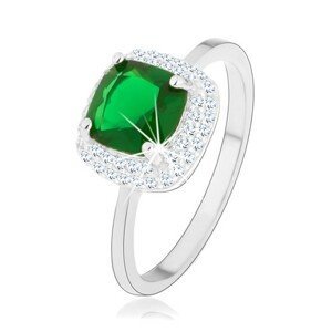 Prsten ze stříbra 925, zelený broušený zirkon - čtverec, třpytivý lem - Velikost: 50