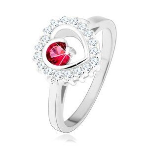 Prsten ze stříbra 925, rhodiovaný, čirý obrys srdce s kulatým růžovým zirkonem - Velikost: 50