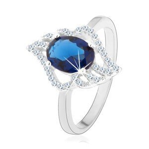 Stříbrný prsten 925, kontura čirého lístku s oválným tmavě modrým zirkonem - Velikost: 50