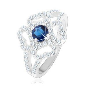 Prsten - stříbro 925, rozdělená ramena, čirý obrys květu, modrý zirkon - Velikost: 50