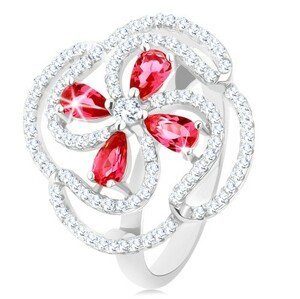 Prsten, stříbro 925, vypouklý květ z růžových zirkonových kapek a čirých linií - Velikost: 55