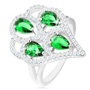 Stříbrný prsten 925, střapec ze zelených zirkonových slziček s čirým lemem - Velikost: 57