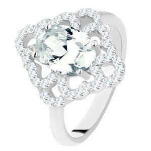 Prsten ze stříbra 925, blýskavý kosočtverec, obrysy srdcí, oválný čirý zirkon - Velikost: 50