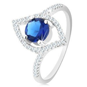 Stříbrný 925 prsten, blýskavý obrys zrnka, kulatý modrý zirkon - Velikost: 54