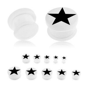 Akrylový plug bílé barvy do ucha, černá pěticípá hvězda, průhledná gumička - Tloušťka : 3 mm