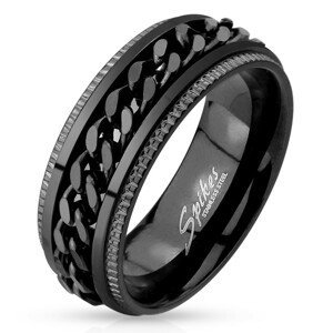 Ocelový prsten, černá barva, vroubkované okraje, řetízek uprostřed - Velikost: 59