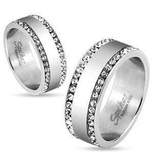 Ocelový prsten stříbrné barvy, okraje vykládané čirými zirkonky, 8 mm - Velikost: 59