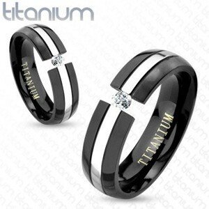 Černý titanový prsten, zaoblený povrch, pás stříbrné barvy, zirkon, 6 mm - Velikost: 52