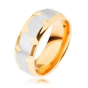 Prsten z chirurgické oceli, dvoubarevný - zlatý a stříbrný odstín, zářezy - Velikost: 64