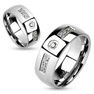 Ocelový prsten, stříbrná barva, lesklá hladká ramena, čiré zirkonky - Velikost: 65