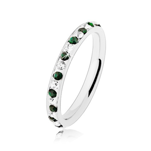 Ocelový prsten stříbrné barvy, čiré a tmavě zelené zirkonky - Velikost: 49