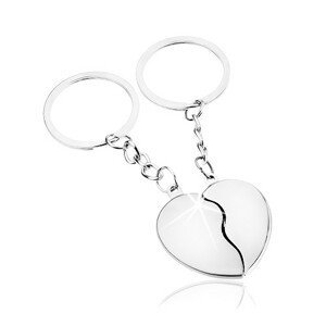 Přívěsky na klíče pro pár, stříbrný odstín, rozdělené srdce - dvě poloviny