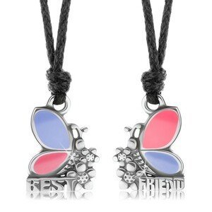 Dva náhrdelníky pro přátele, růžovo-fialoví motýli, kvítky, BEST FRIEND