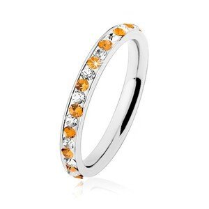 Ocelový prsten stříbrné barvy, čiré a oranžové zirkonky, bílá glazura - Velikost: 52