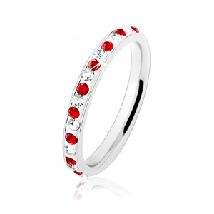 Ocelový prsten stříbrné barvy, čiré a červené zirkonky, bílá glazura - Velikost: 49