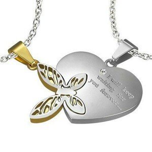 Ocelový dvojpřívěsek, stříbrná a zlatá barva, srdce s nápisem, motýlek s výřezy