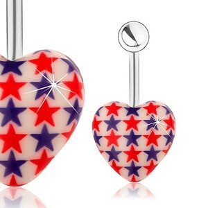 Ocelový piercing do pupíku, kulička, bílé srdce, červené a modré hvězdy
