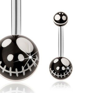 Ocelový piercing do pupíku, černé kuličky - motiv kreslené lebky z pohádky