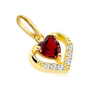 Zlatý přívěsek 585 - zirkonový obrys srdce, červený srdíčkovitý granát
