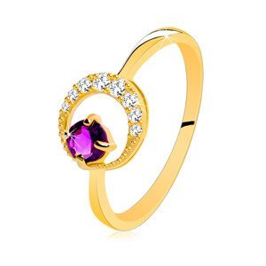 Zlatý prsten 585 - tenký zirkonový půlměsíc, ametyst ve fialovém odstínu - Velikost: 57