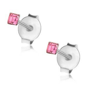 Náušnice ze stříbra 925, růžový krystalek Swarovski - čtvereček, 2 mm
