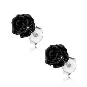 Stříbrné náušnice 925, lesklá rozkvetlá růžička černé barvy, puzetky