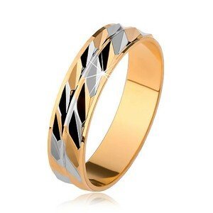 Dvoubarevný blýskavý prsten se šikmými zářezy, zlatá a stříbrná barva - Velikost: 53